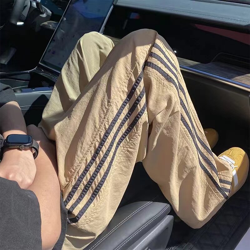 裤子男女夏季冰丝薄款速干侧边条纹工装裤美式直筒冲孔运动冲锋裤