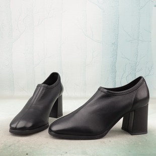 N41 子简约通勤深口单鞋 方头高跟粗跟软羊皮革真皮女鞋 39码