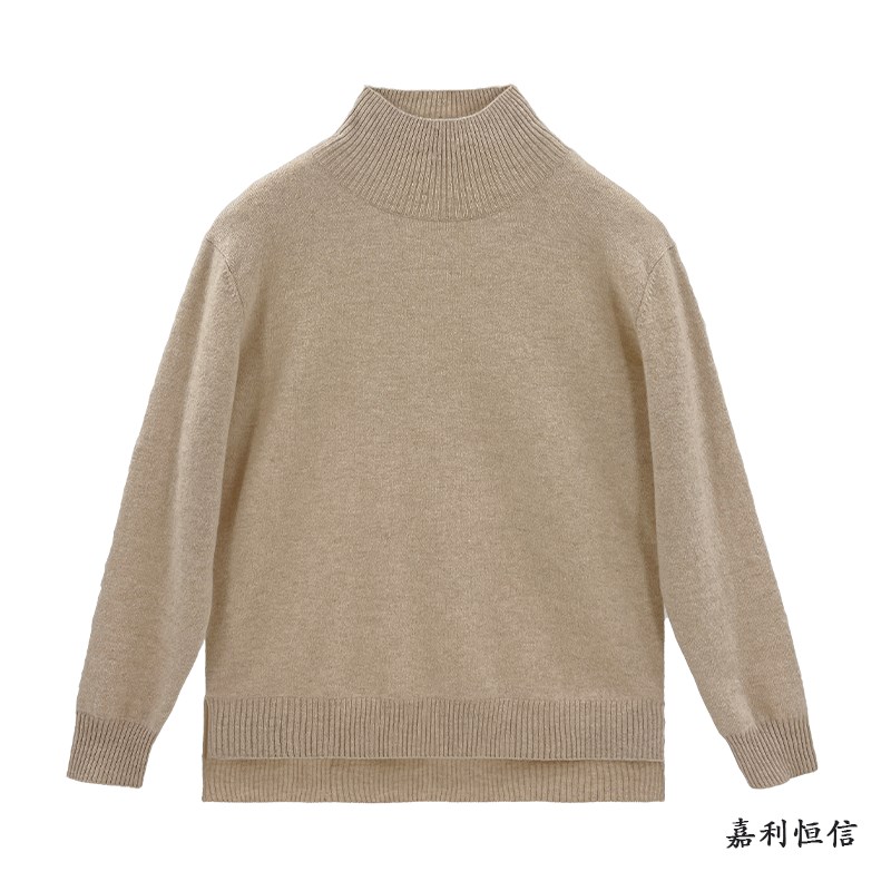 女式纯喀什米尔羊毛半高r领套衫前短後长小开叉设计平面织毛衣打