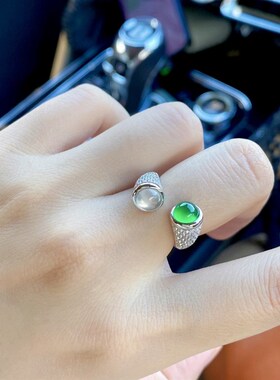 新中式国风6mm刚感水沫玉阳绿玉髓双色小灯泡开口戒指女925银手镶