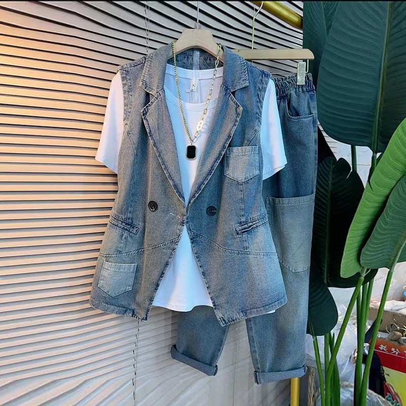 加肥大码女装翻领j纽扣马甲松紧腰长裤牛仔两件套圆领半袖净版T恤