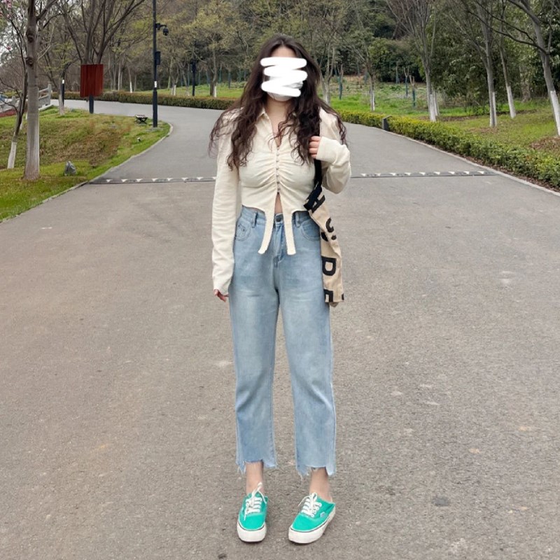 300斤b胖mm特大码破洞牛仔裤女装胖妹妹显瘦遮肚直筒裤宽松九分裤