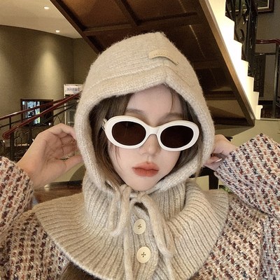 韩国冬季套头保暖法克帽套头连帽纽扣系带护颈防风防寒全遮帽子女