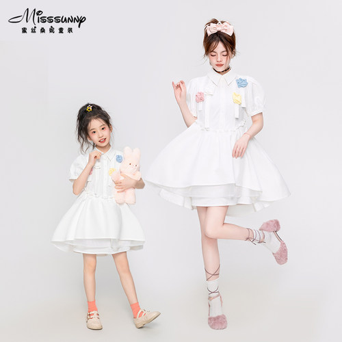 蜜丝桑妮手工扎花母女装连衣裙2023夏季新款白色泡泡袖女童蓬蓬裙