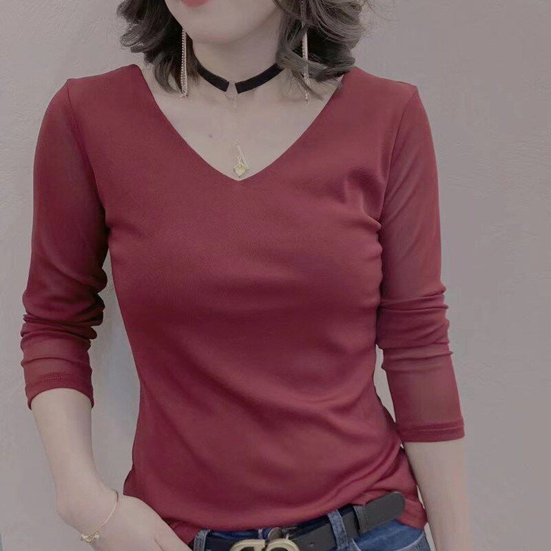 2021秋装新款V领网纱长袖T恤女韩版显瘦弹力纱衣百搭纯色打底衫潮