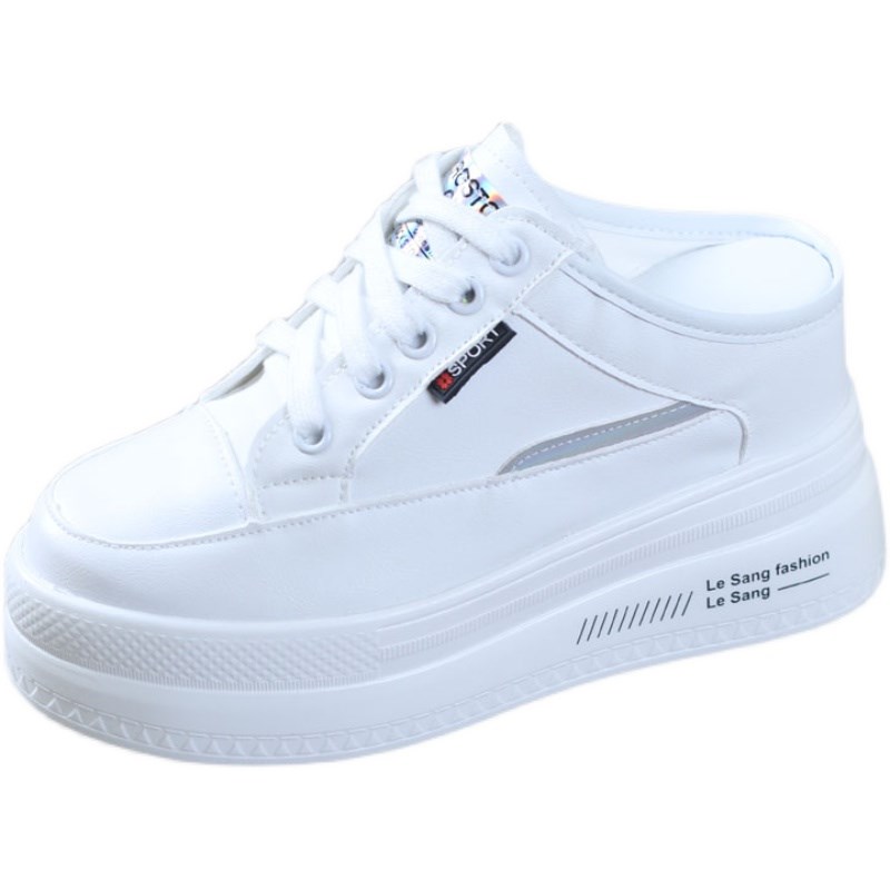 2023春季皮面小白鞋半拖鞋女厚底内增高10CM小个子无后跟懒人鞋女