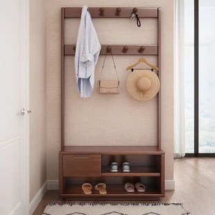 挂衣架带抽屉置物 柜一体门口房间可坐落地式 实木衣帽架换鞋 i凳鞋