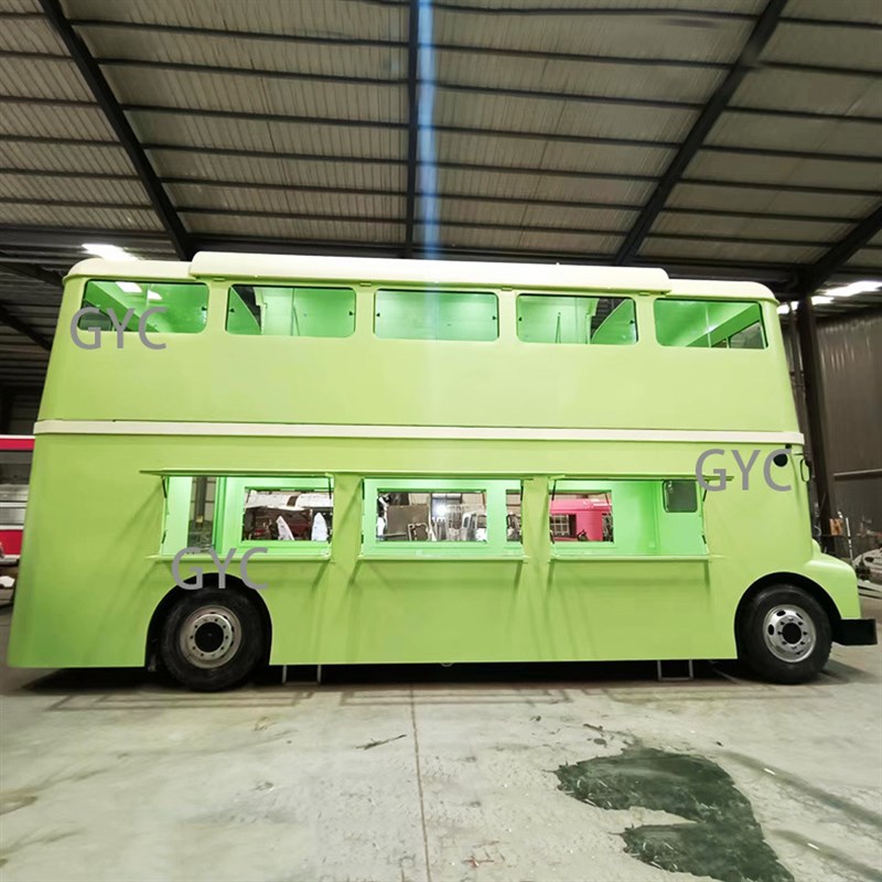 景区可移动售卖车 复古双层巴士模型 二楼可上人餐饮车制作厂家