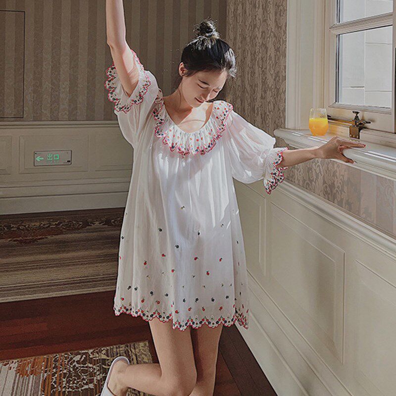 法式宫廷风全f棉睡裙女夏高贵刺绣甜美蕾丝仙女中袖睡衣家居服薄