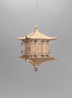 新中式创意实木禅意古建筑镜像吊灯售楼处酒店样板间玄关空中吊饰