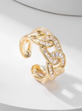 冷淡风开口戒指链条形戒子圈镶锆石高级感指环个性时尚气质食指戒