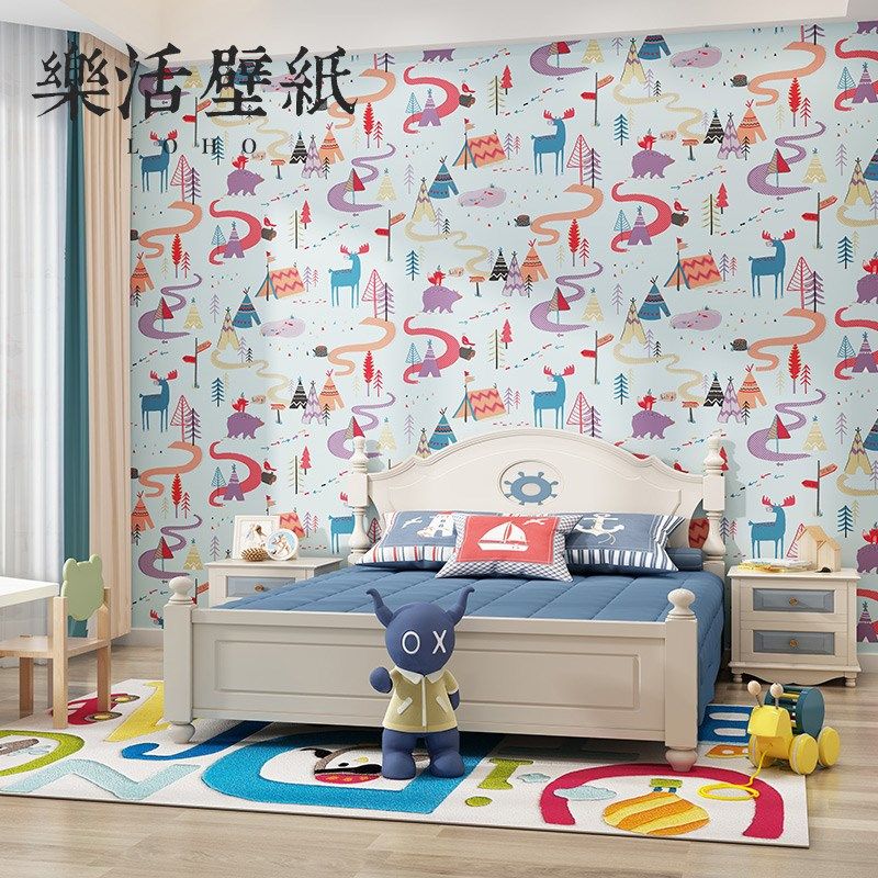 北欧儿童房e壁纸卡通动物麋鹿无纺布女孩卧室男孩蓝色儿童乐园墙,家装主材,无纺布墙纸,淘宝优惠券,粉丝福利购,淘宝优惠卷