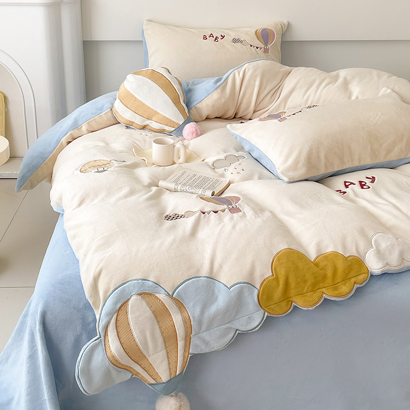 卡通加厚牛奶绒四件套立体刺绣热气球床上用品单人1U.2米床三件套