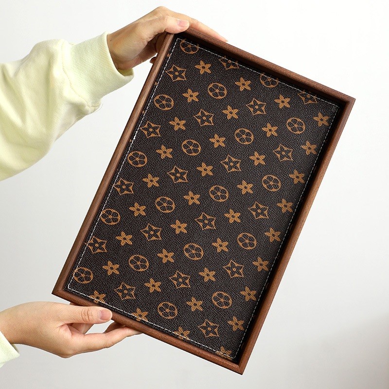 现代胡桃木框质皮托盘长方形家用托盘实木收纳盘酒杯茶水文玩摆件