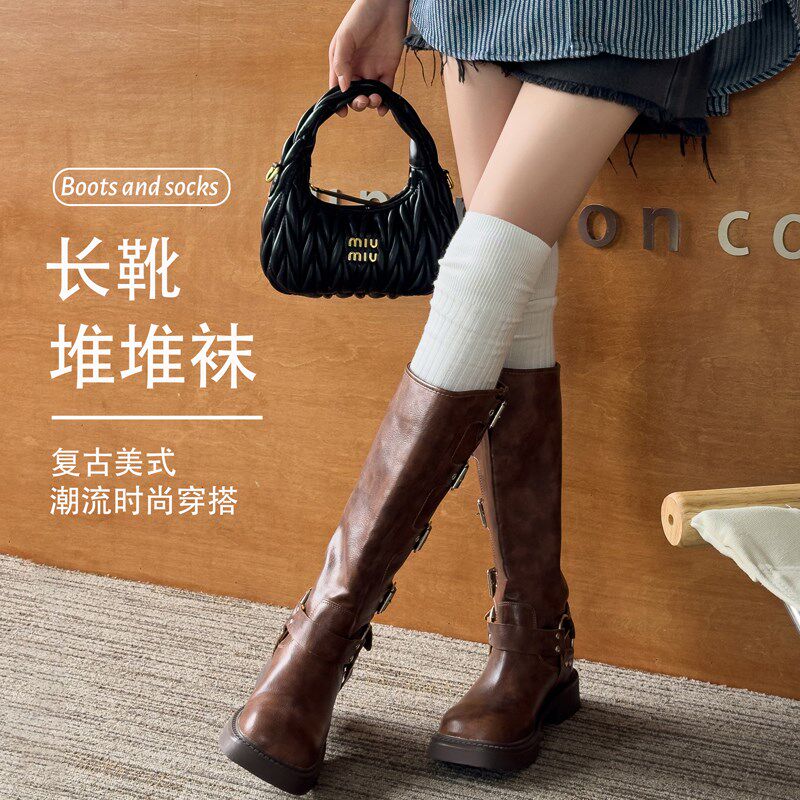 白色靴子袜e子女长筒袜秋冬款纯棉美拉德驼色袜套配牛仔靴堆堆长