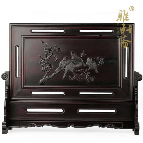 红木工艺品木雕摆件 大号 y月下五雀图插屏 实木屏风座屏台屏