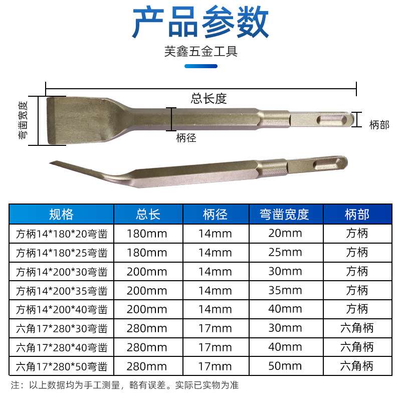 弯头电镐头铲子电锤冲击钻头方柄六角柄弯扁凿子镐钎凿开槽凿墙钻