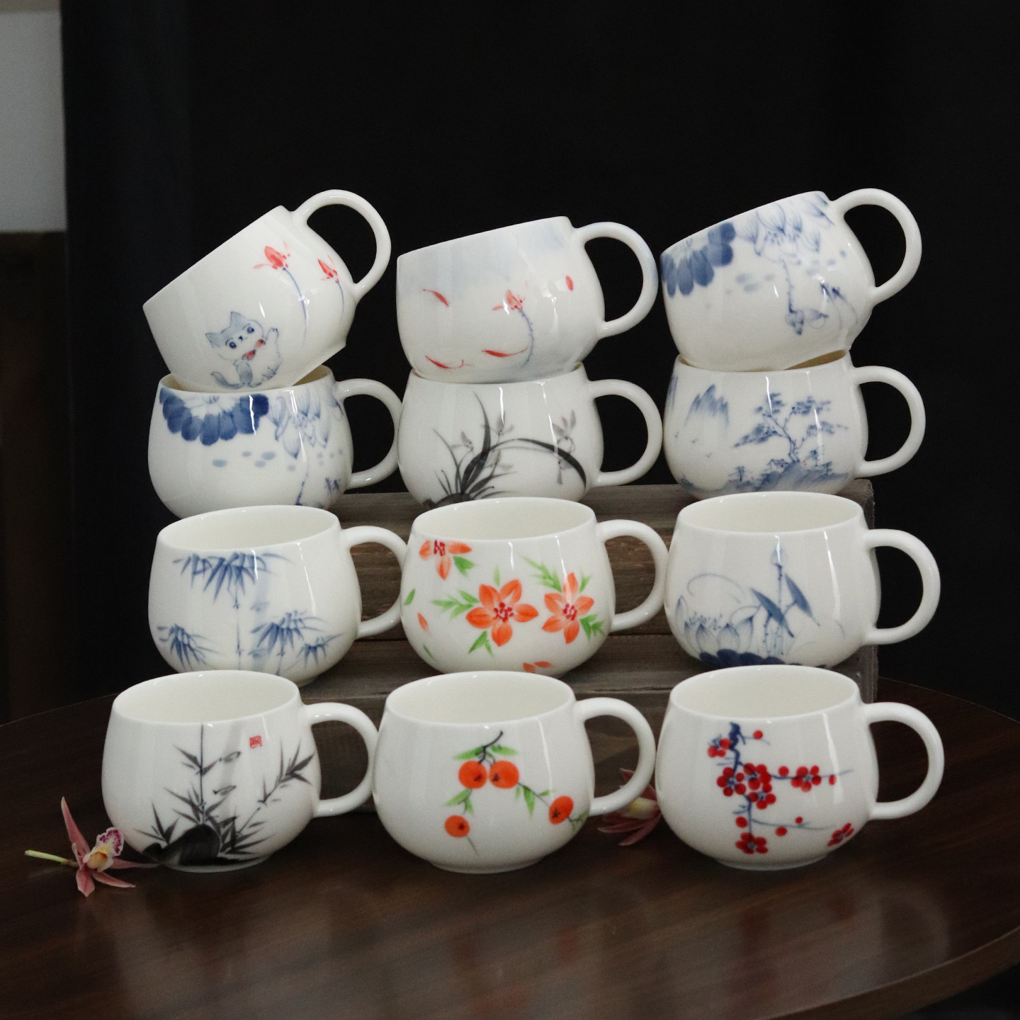 中式高温陶瓷咖啡杯手绘花鸟图案釉下彩喝水杯子下午花茶杯可定制