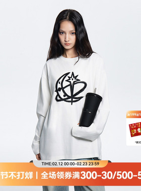 QUARTER IN NIGHT环绕星月印花长袖T恤 打底衫美式复古休闲街头