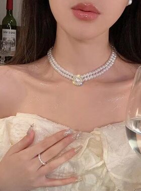 双层珍珠项链女叠戴气质轻奢小众高级感吊坠颈链锁骨链晚礼服配饰