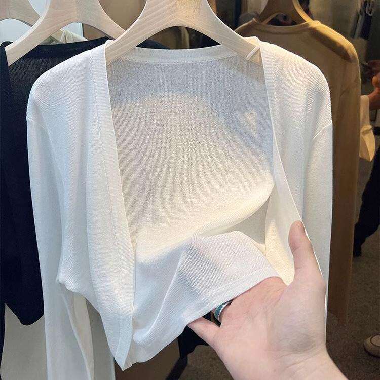 白色短款冰丝针织防晒开衫女薄款夏季吊带裙外搭薄纱外套空调罩衫