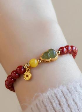 2025蛇本命年朱砂手串女正品和田玉葫芦金镶玉手錬礼物饰品