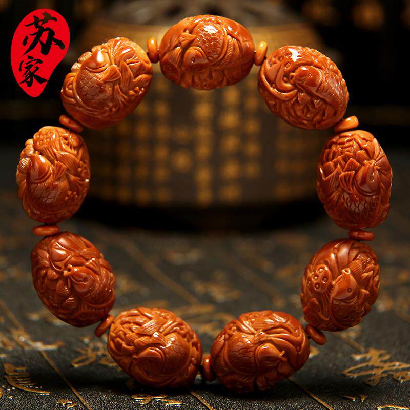 橄榄核手串鲤鱼戏莲花文玩核雕手工雕刻荷塘月色橄榄胡手链男女