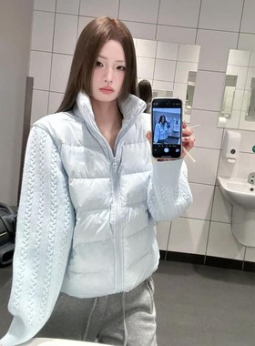 新款气质高级感针织拼接棉服外套女冬季慵懒风宽松立领棉衣面包服