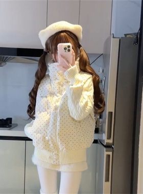 日系甜妹风波点印花针织拼接设计立领棉服冬季面包服保暖外套