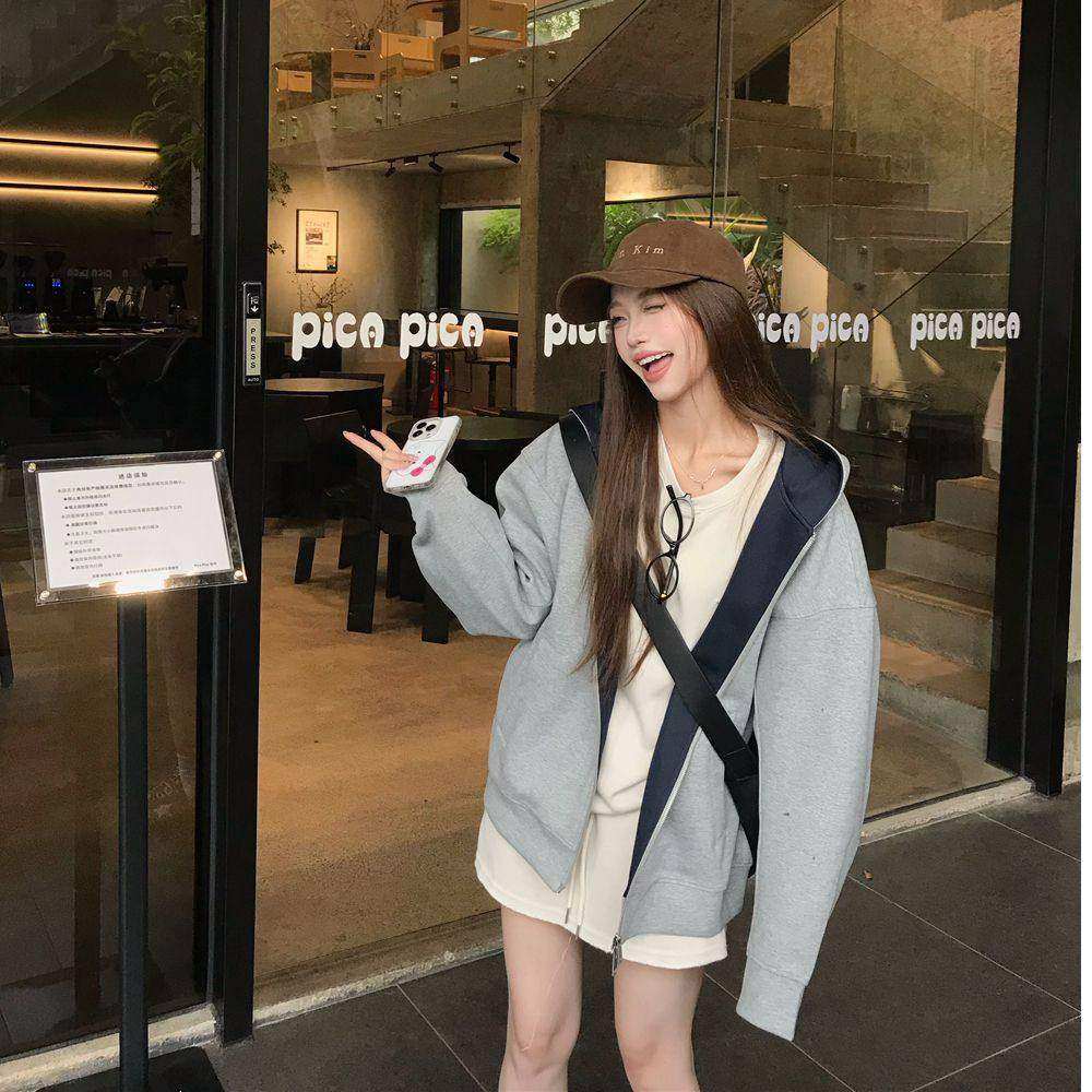美式复古撞色连帽拉链卫衣外套女秋季休闲宽松开衫慵懒风灰色上衣