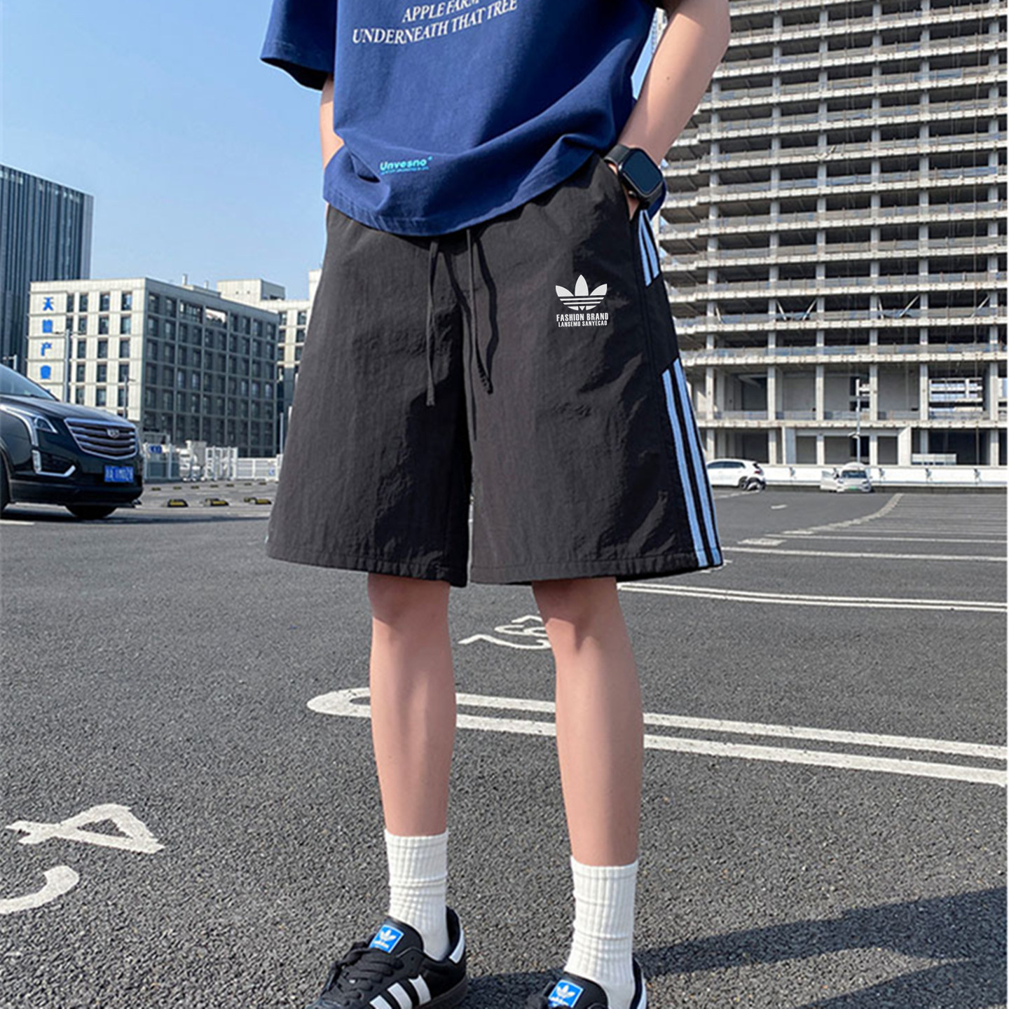奥特莱斯冰丝速干短裤男训练跑步三条杠运动裤宽松休闲裤五分裤女
