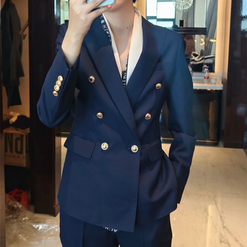 职业通勤春秋修身高级感短款小A个子主持律师藏蓝色女士西装套装