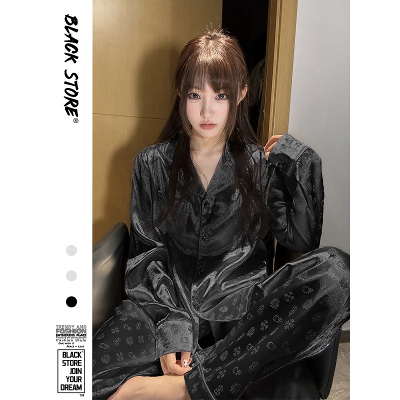 韩版高级黑新中式印花缎面冰w丝睡衣女秋季新款开衫长裤家居服套