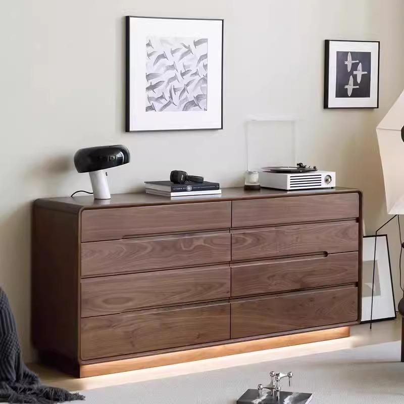 北美黑胡桃八斗柜日式实木床尾靠墙收纳抽屉橱简约北欧带灯餐边柜