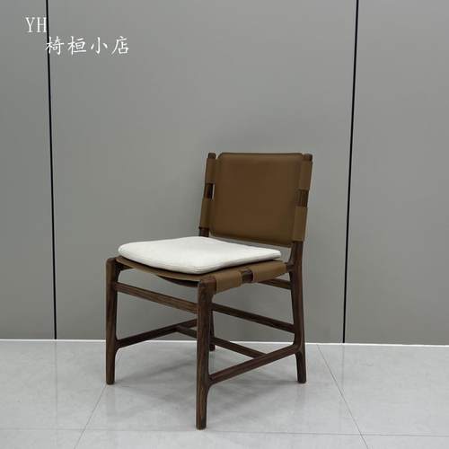 Yh 实木设计师餐椅马鞍皮编皮吧台家用复古艺术靠背椅子北欧卧室