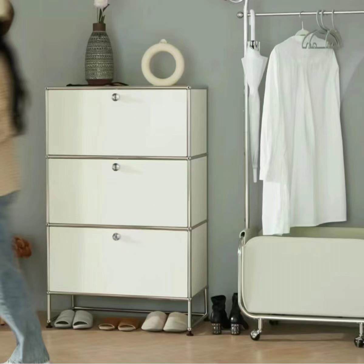 usm鞋柜中古不锈钢家用门口入户玄关收纳置物架多层防尘储物柜