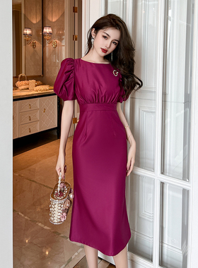 轻熟御姐紫色洋装202s4女新款收腰显瘦高级感女人味气质鱼尾长裙