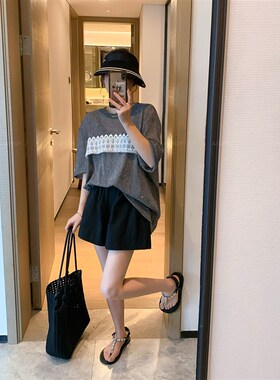 爱情魔鬼鱼d 灰色圆领短袖蕾丝拼接T恤女2025夏季新款宽松休闲上