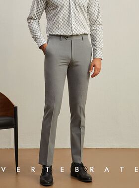 脊椎动物男装浅烟灰色修身四面弹西裤色纺面料商务工作服长裤青年