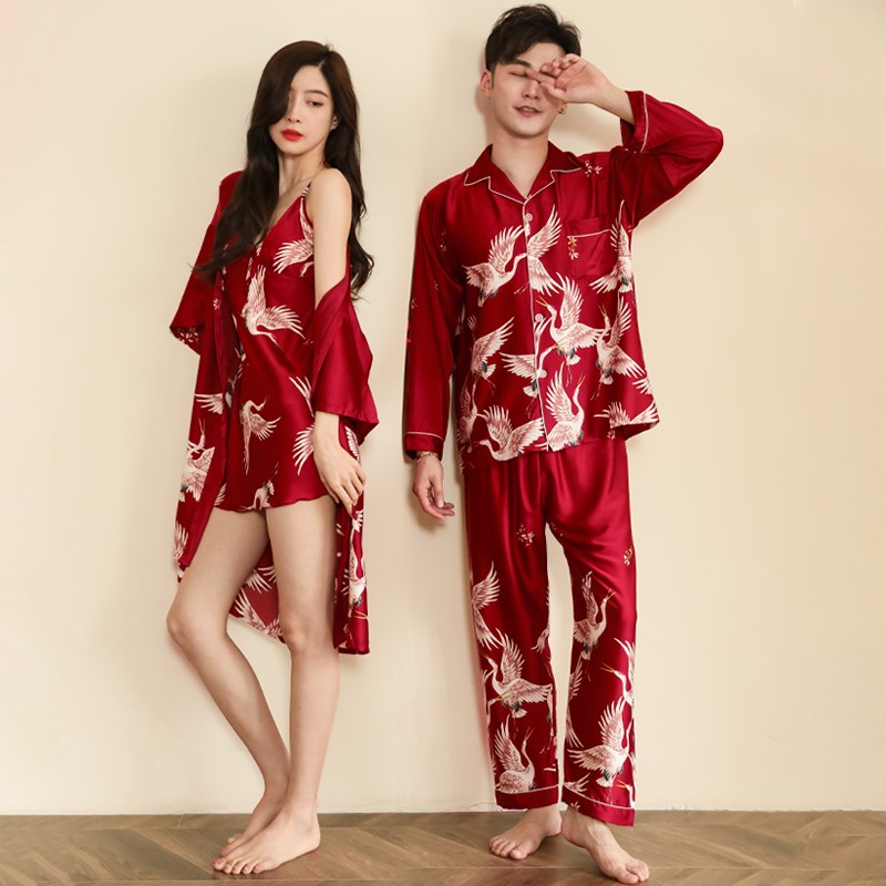 红色睡衣情侣结婚新婚礼高档婚用新娘晨袍女M中式睡袍一裙一衣套