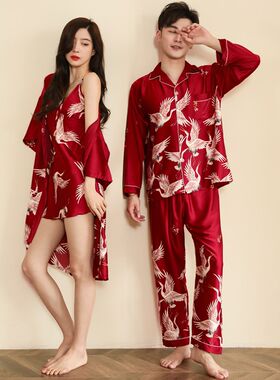 红色睡衣情侣结婚新婚礼高档婚用新娘晨袍女M中式睡袍一裙一衣套