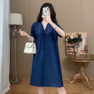 牛仔连衣裙盘扣显瘦遮肉微胖mm 2024夏季 新g款 v领休闲宽松大码 女装