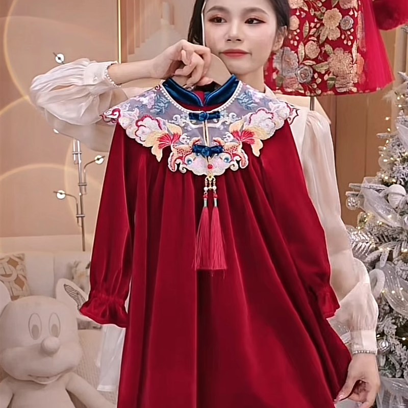 韩系女童a加绒连衣裙冬装2024新款洋气儿童红色丝绒裙女孩中国风