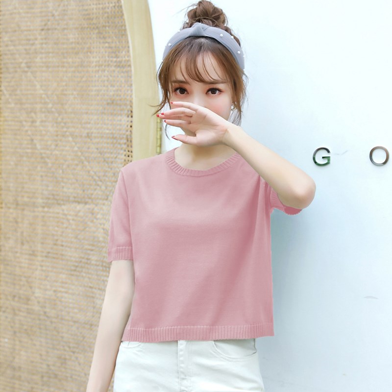 短袖t恤女2024新款夏季 宽松冰丝针织衫小个子R短款配半身裙的上