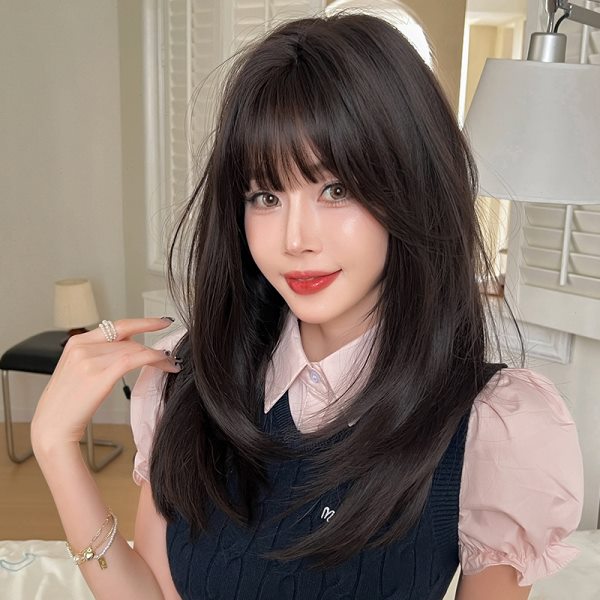 假发女长发自然整顶全头套式中长款锁骨发黑色齐刘海蓬松假发套
