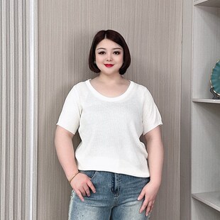 大码 夏季 新p款 胖mm宽松显瘦休闲正肩冰丝T恤女 女装 短袖 薄款 针织衫