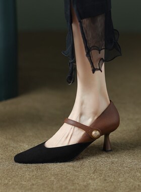 YCF 巨优雅!法式复古拼接一字扣带高跟鞋女气质百搭浅口细跟单鞋