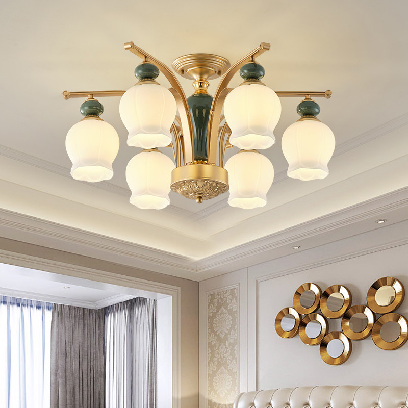 美式吊灯客厅灯陶瓷灯欧式卧室灯金古铜灯具书房灯奶油风玻璃灯罩,家装灯饰光源,客厅吊灯,淘宝优惠券,粉丝福利购,淘宝优惠卷
