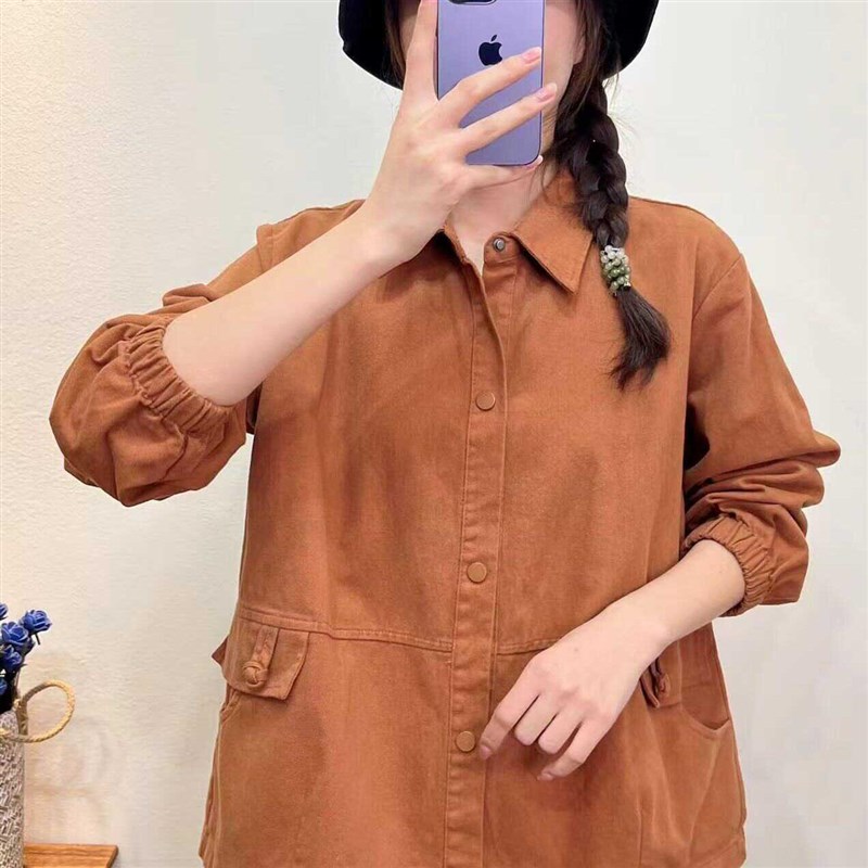 工装风口袋盘扣小翻领外套女文艺时尚百搭J宽松单排按扣上衣B23#