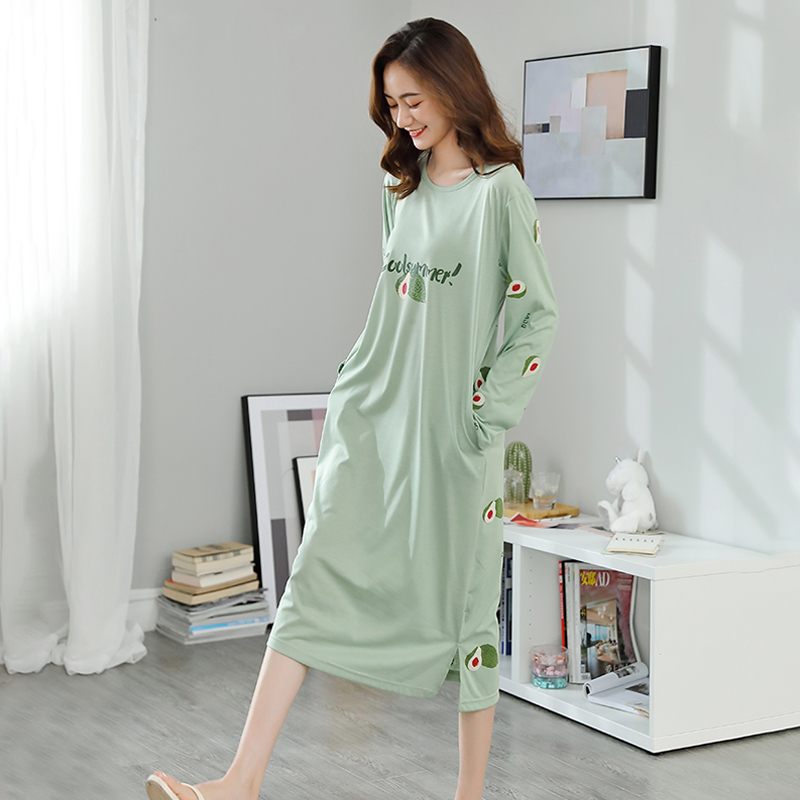 睡裙女春秋季纯棉长袖长款过膝睡衣B2022年新款宽松大码全棉家居